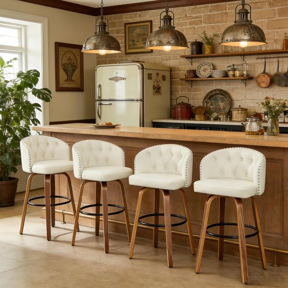 MuroPanel Swivel Counter Height Bar Stools with Back Set of 2, 26" Farmhouse Leather Chairs for Kitchen Island, White
