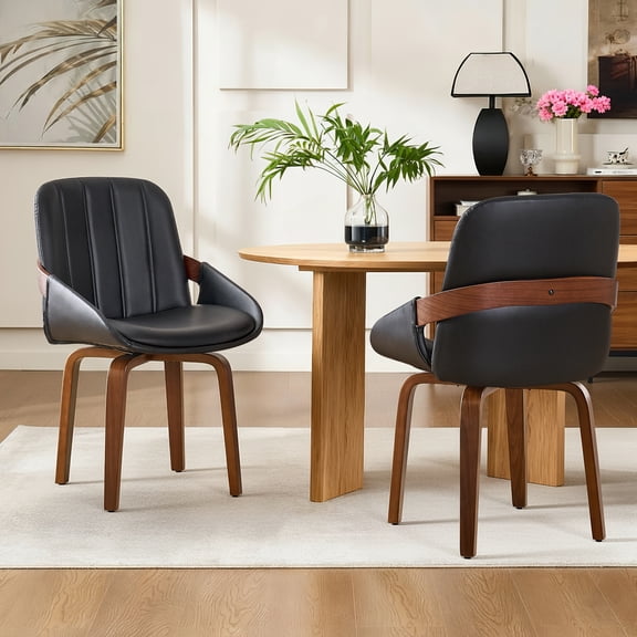 MuroPanel Swivel Dining Chairs Set of 2, Mid Century Faux Leather Kitchen Chairs with Wood Legs, Black