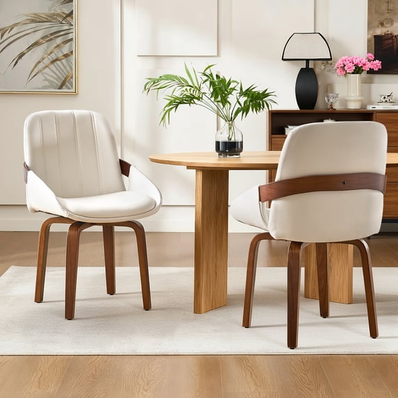 MuroPanel Swivel Dining Chairs Set of 2, Mid Century Faux Leather Kitchen Chairs with Wood Legs, White