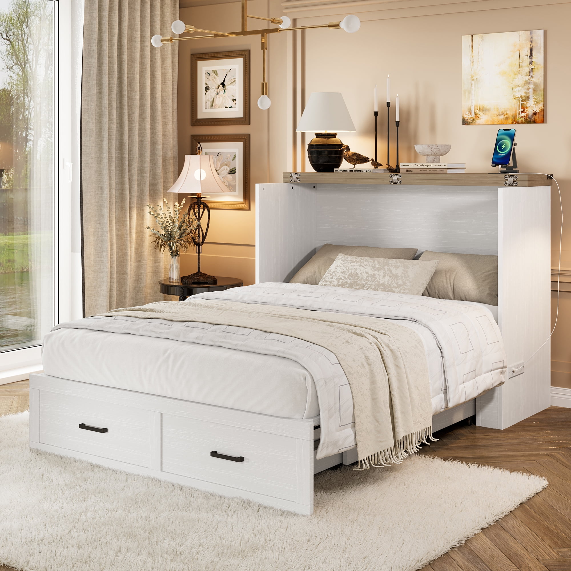 Murphy Bed Cabinet Full Size with Charging Station, Multi-Functional ...