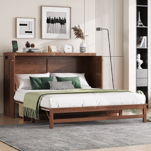 Murphy Bed Cabinet Queen with Storage Drawer and Charging Station, USB Port, Solid Pine Murphy Bedframe for Home Office, Studio or Guest Room, Walnut