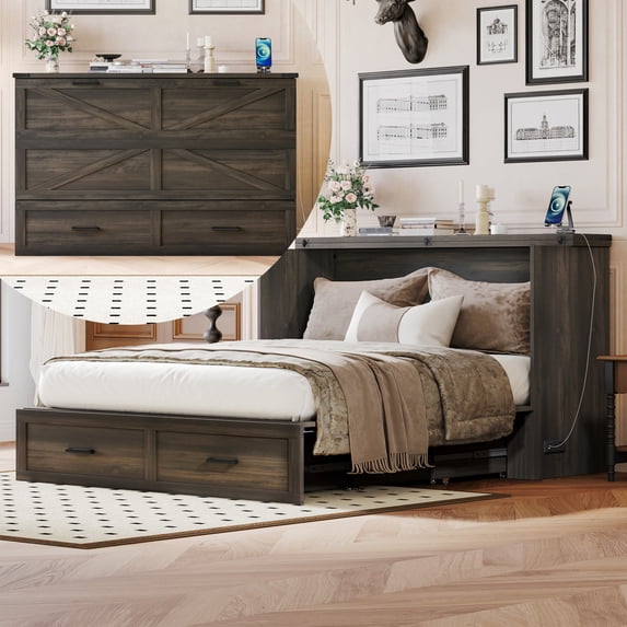 Murphy Bed with Charging Station, Queen Size Foldable Cabinet Bed with Storage Drawer, Farmhouse Wood Space-Saving Hidden Folding Bed Chest for Home, Office, Guest Room, Gray
