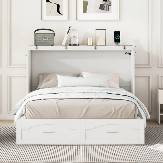 Murphy Bed, Full Size Murphy Bed Wall Bed with 2 Drawers and A Set of Sockets & USB Ports, Pulley Structure Design & Space-Saving Folding Platform Bed, Easy to Build, White