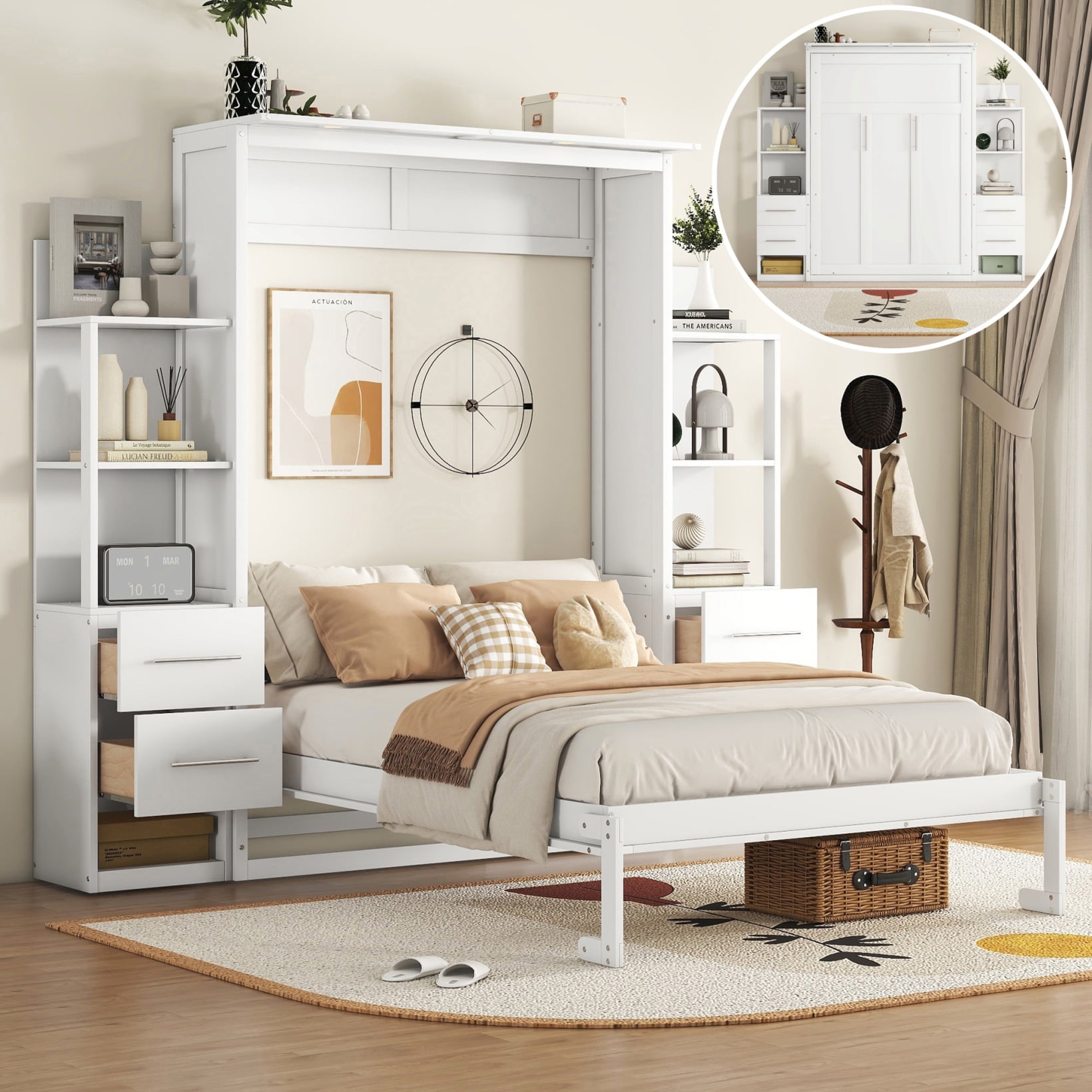 White Full Size Murphy Bed with Shelves, Drawers, and LED Lights