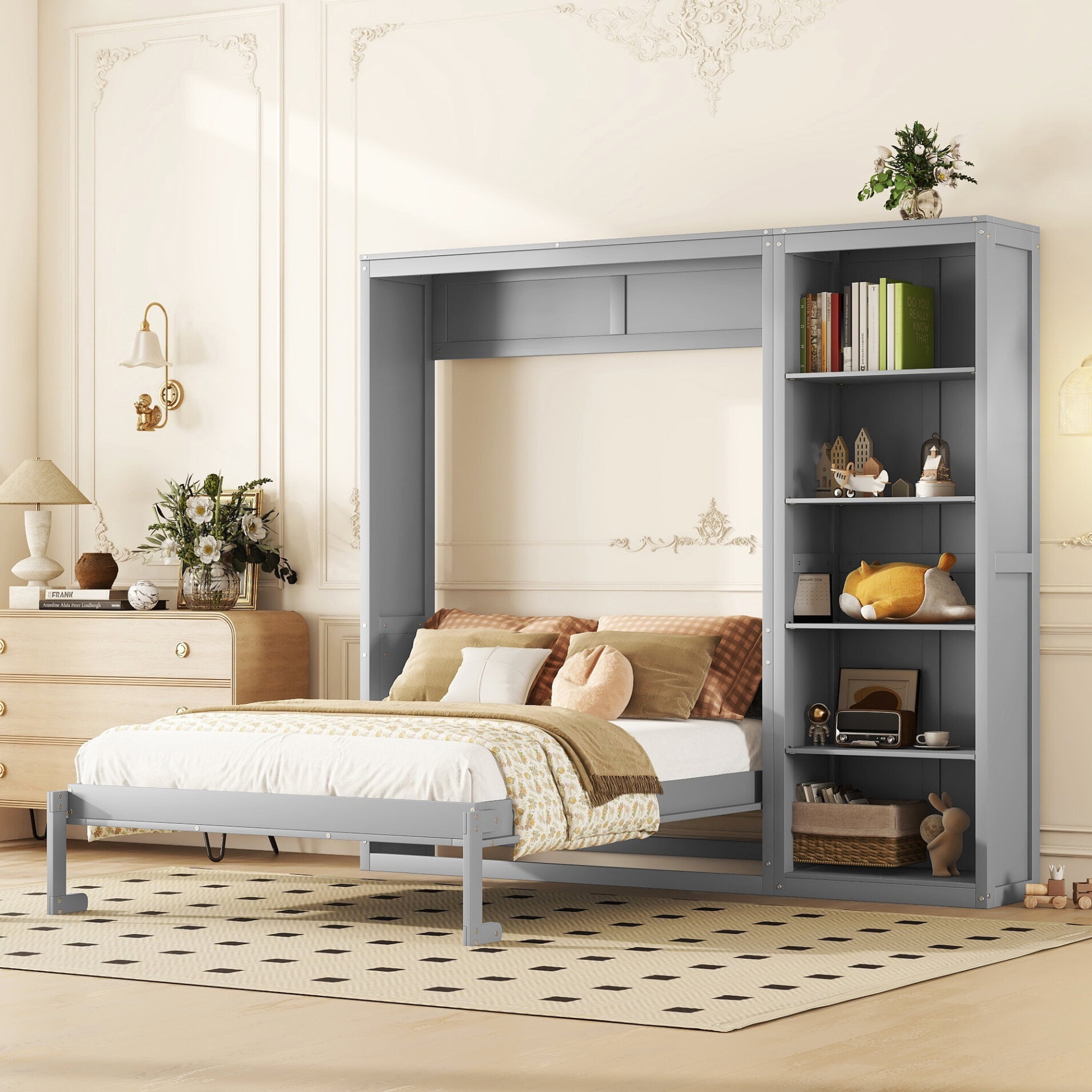 Murphy Bed Queen Wall Bed with 5 Tier Shelves Wood Bed Frame with Storage 600LBS Weight Capacity Shelves Can Be Installed On Either Sides Grey Walmart