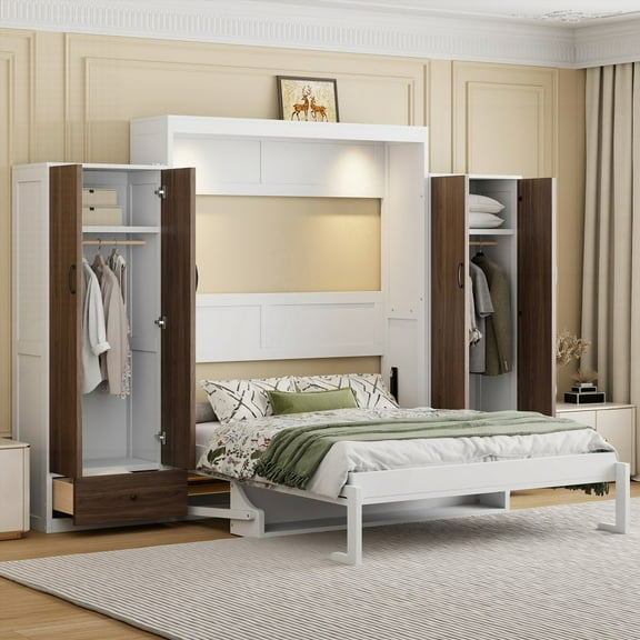 Murphy Bed Wall Bed - Full Size with Wardrobes, Drawers & White Finish