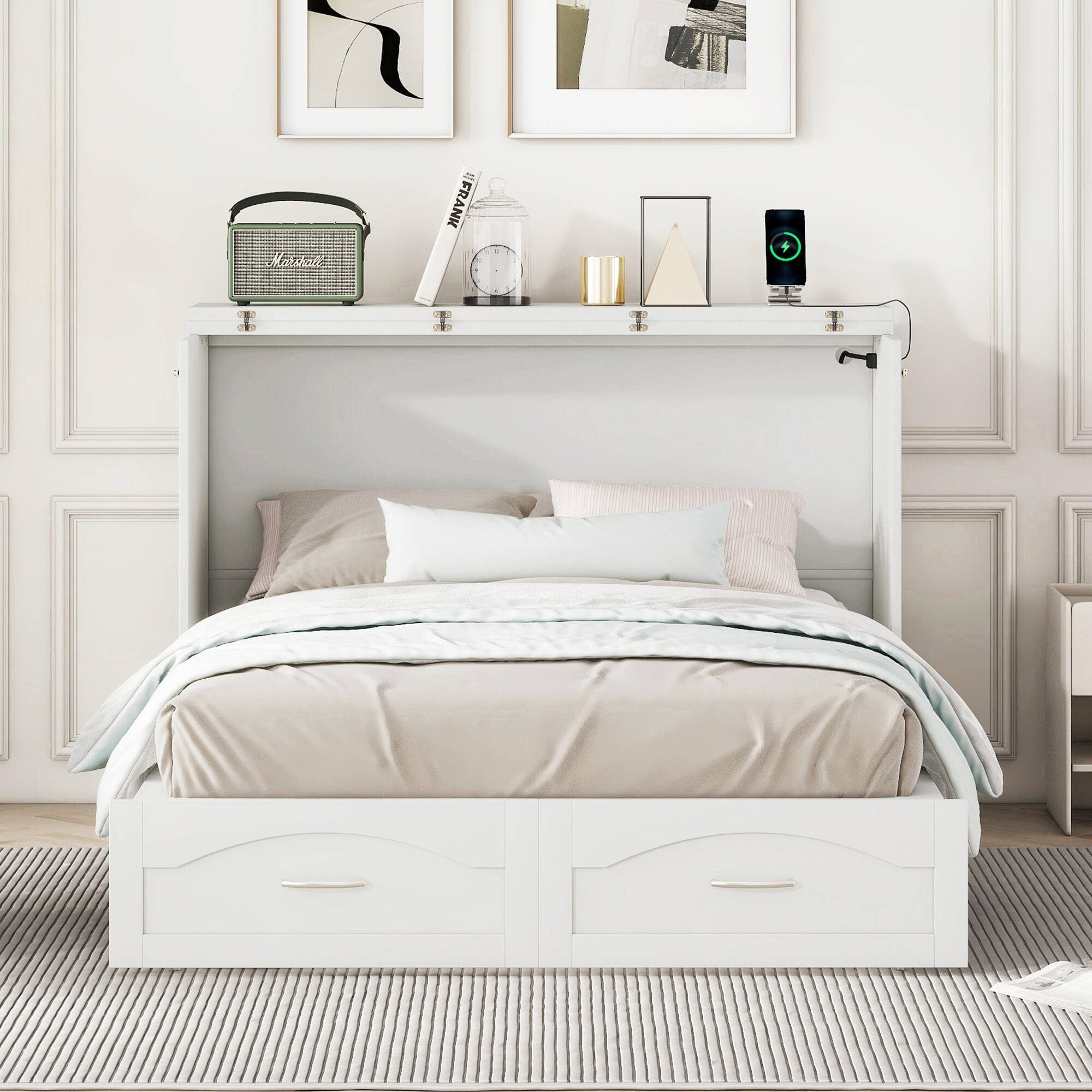 White Full Murphy Bed with Drawers and USB Ports