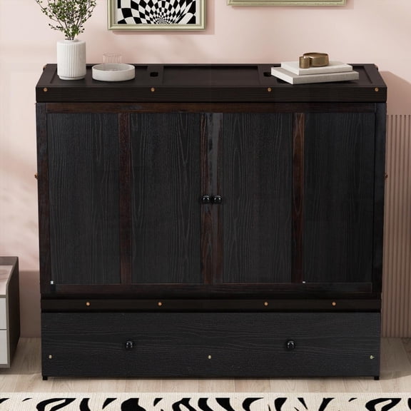 Murphy Bed in Espresso with Built-in USB & Large Drawer for Extra Storage