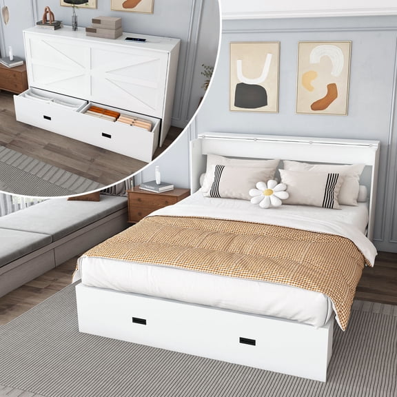 Murphy Bed with Charging Station, Full Size Cabinet Bed with Two Storage Drawers, Hideaway Foldable Platform Bed with Mattress for Home Office, White