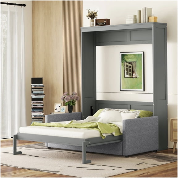 Murphy Bed with Cushion, Space Saving Wall Bed for Small Spaces, Gray