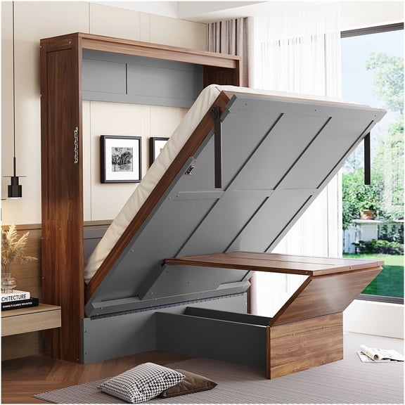 Murphy Bed with Fold Down Desk, Space Saving Wall Bed Cabinet in Gray Walnut for Small Spaces