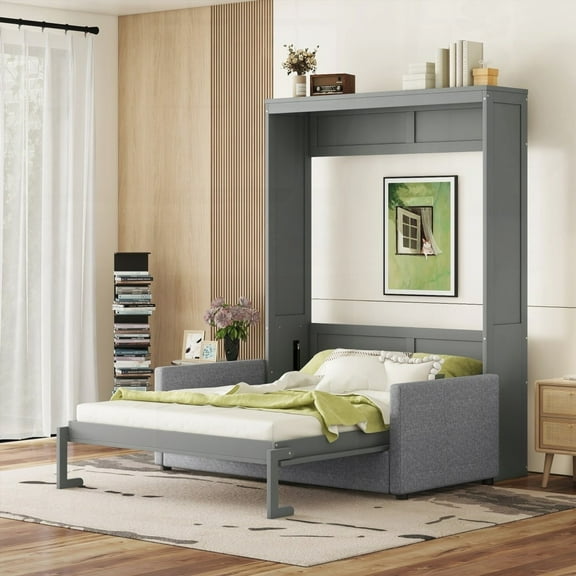 Queen Size Murphy Bed with Sofa Function and Storage, Gray