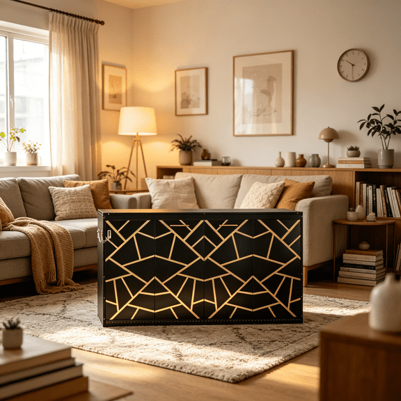 Murphy Bed with Printed Pattern and LED Lighting, Side-Folding Wall Bed for Small Spaces, Modern Bed Frame with USB Charging, Black