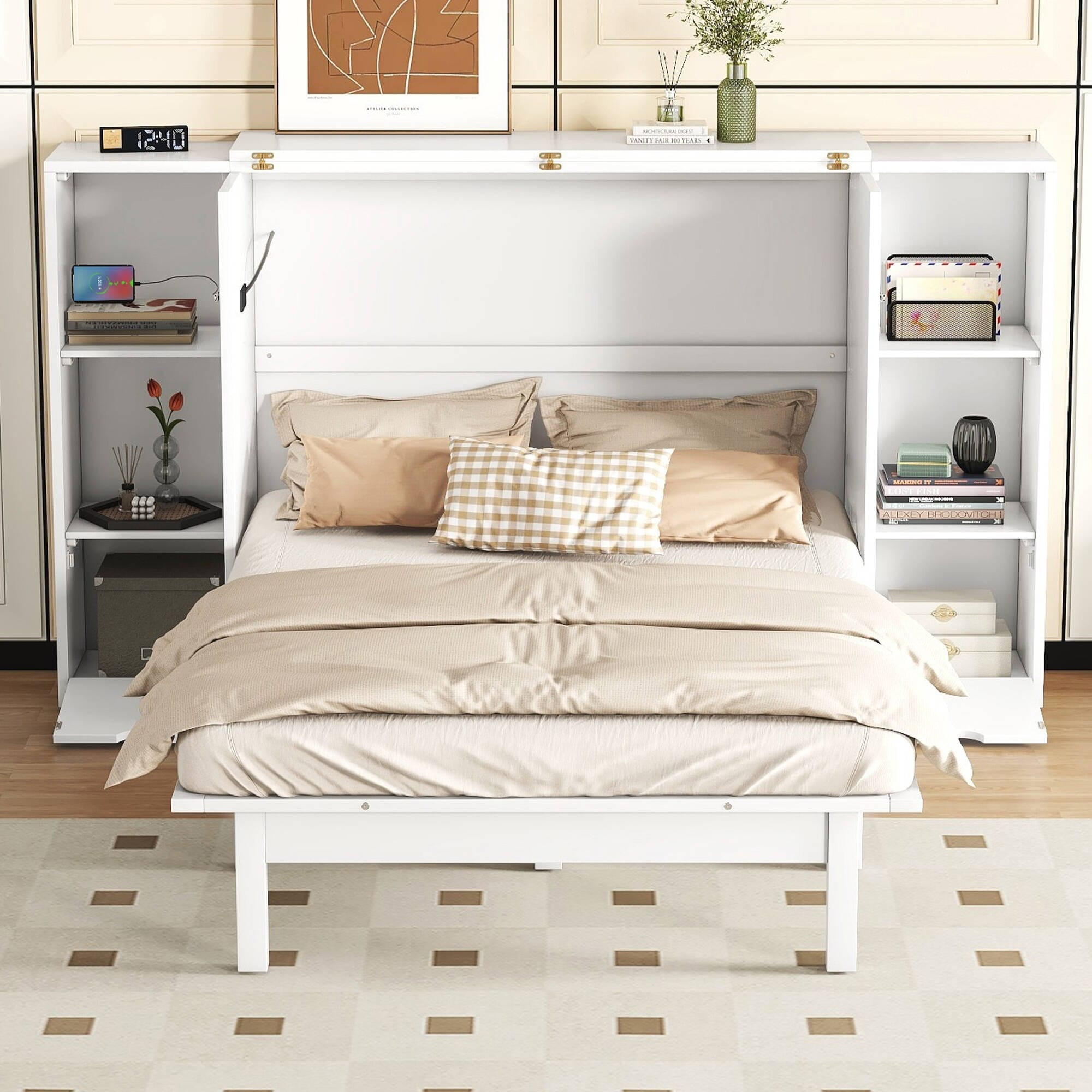 White Queen Murphy Bed with Shelves, Drawers, and USB Ports