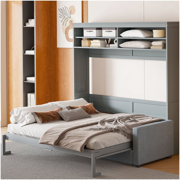 Space Saving Murphy Bed with Sofa, Queen Size Wall Bed for Small Spaces, Gray Modern Design