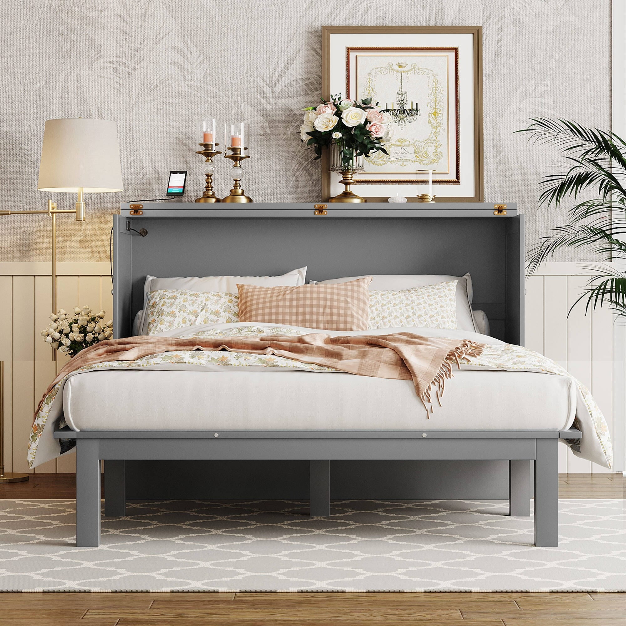 Gray Pine Wood Queen Murphy Bed with USB Ports and Shelves