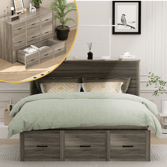 Murpy Bed with Drawer and USB Charging Station, Farmhouse Murphy Cabinet Space-Saving & Easy Open and Close, for Guest Bedroom, Living Room, Office, Gray