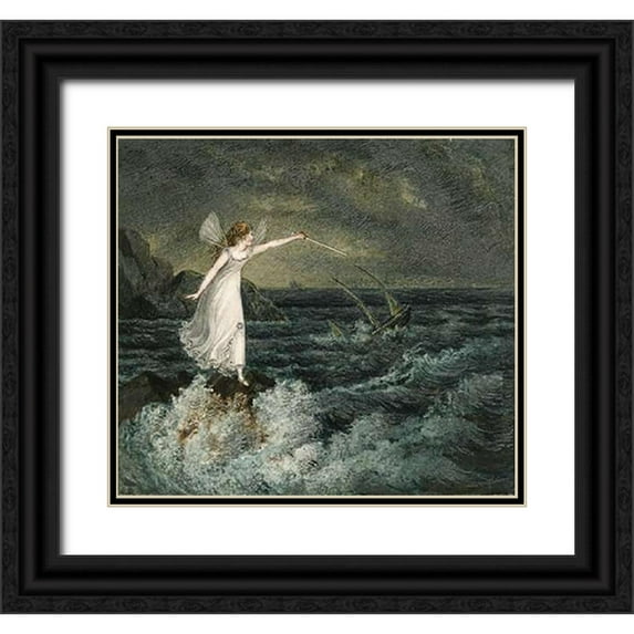 Murray, Amelia Jane 16x15 Black Ornate Wood Framed with Double Matting Museum Art Print Titled - A Fairy Waving Her Magic Wand Across a Stormy Sea