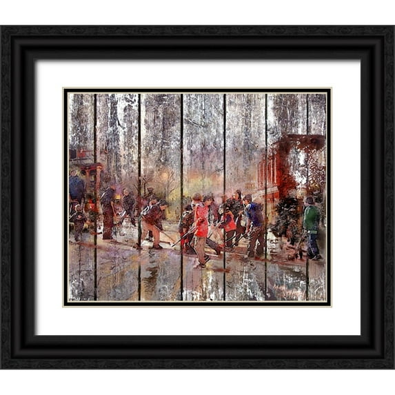 Murray Henderson Fine Art 31x26 Black Ornate Wood Framed with Double Matting Museum Art Print Titled - Street Hockey On Boards