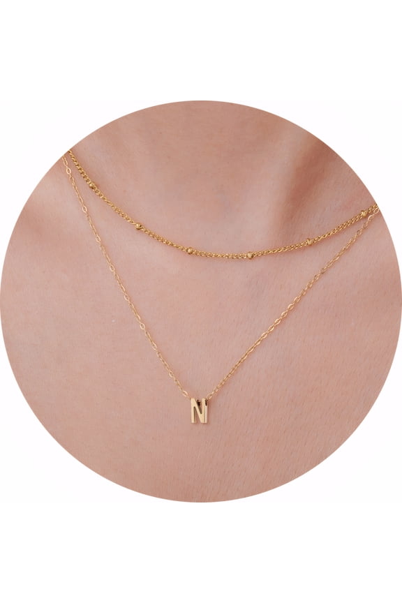 Double Layered Initial Letter Necklace for Women - Gold-Tone Personalized Capital Alphabet Pendant Chain Jewelry