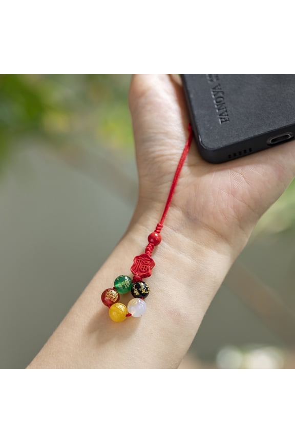 Lucky Charm Phone Strap, Five Wealth Gods Pendant with Glass/Agate Beads, Chinese Red or Coffee Cord for Bag or Mobile Decoration