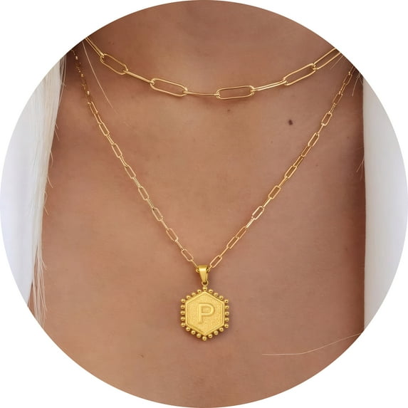 Murtoo layered initial necklace for women 18 inch hexagon letter pendant double chain jewelry A to Z