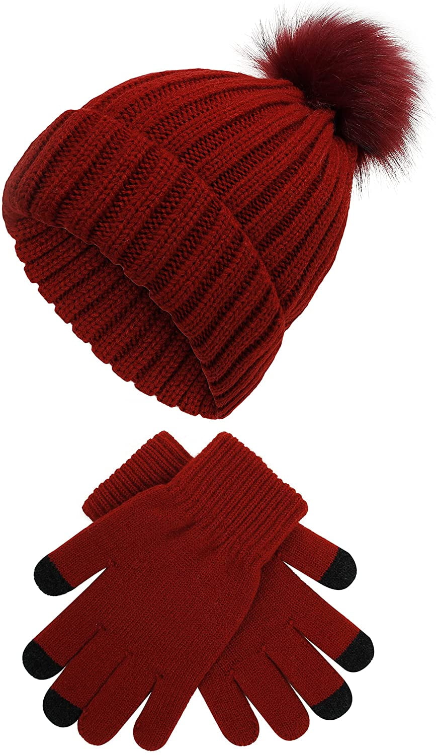 Knit Cuffed Skull Cap Beanie Hat with Touchscreen Gloves Winter Set Womens Winter Warm Unsex Knit Beanie Hat Touchscreen Gloves  main image 3