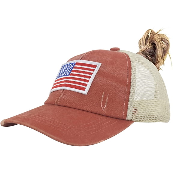 Muryobao Adult Female Women USA American Flag Trucker Hats Washed Distressed Cotton Denim Ponytail Baseball Cap Adjustable High Messy Bun Ponycap Mesh Dad Hat Orange
