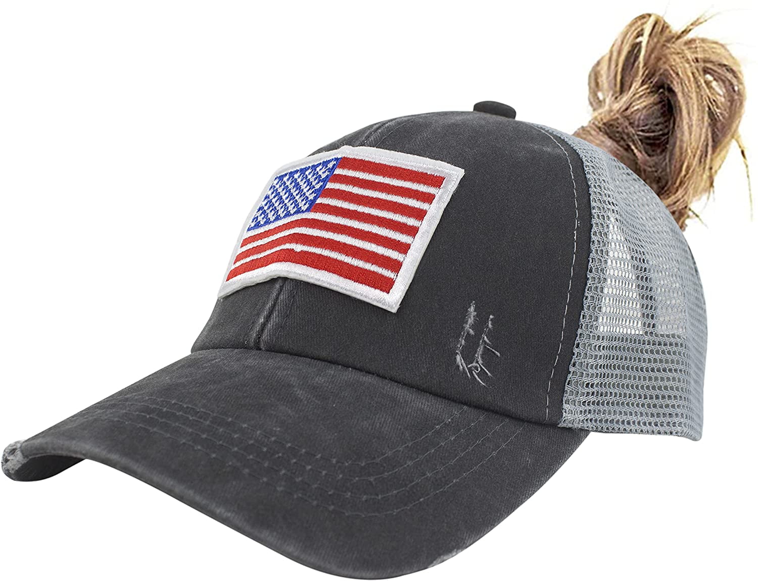 Womens American Flag Ponytail Baseball Cap Distressed Grey Messy Bun Hat Distressed Ponytail Hats Baseball for Women Messy-Bun 7-7 3  main image 4