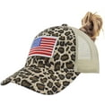 thumbnail image 1 of Muryobao Adult Female Women USA American Flag Trucker Hats Washed Distressed Cotton Denim Ponytail Baseball Cap Adjustable High Messy Bun Ponycap Mesh Dad Hat Beige Leopard, 1 of 7