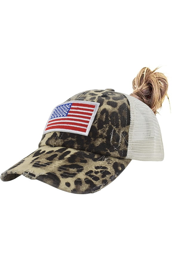 Adult Female Women USA American Flag Trucker Hats Washed Distressed Cotton Denim Ponytail Baseball Cap Adjustable High Messy Bun Ponycap Mesh Dad Hat Black Leopard
