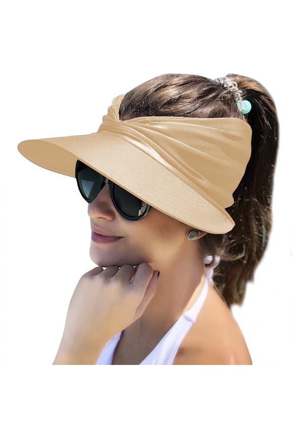 Adult Female Womens Sun Visor Hat Wide Brim Summer UPF 50+ UV Protection Beach Sport Cap Beige