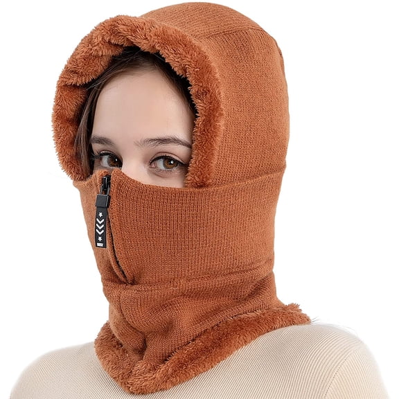 Muryobao Felmale Women Balaclava Beanie Fleece Hood Cycling Ski Thermal Face Cover Hat Winter Warm Cap Scarf for Cold Weather Brown