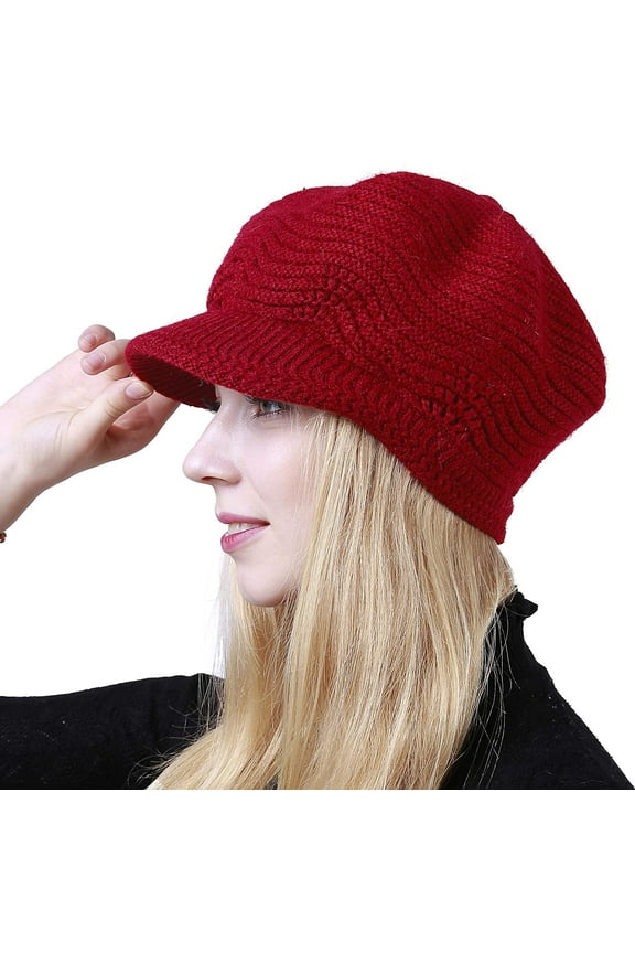 Female Adult Women Winter Hat Slouchy Cable Knit Visor Crochet Beanie Hats Warm Snow Ski Skull Cap with Brim Red