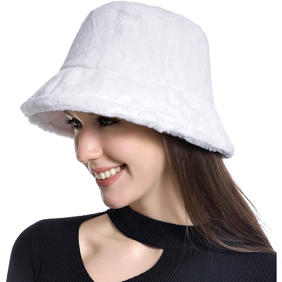 Muryobao Female Women Winter Bucket Hat Warm Faux Fur Wool Cloche Hats Outdoor Foldable Fisherman Cap White