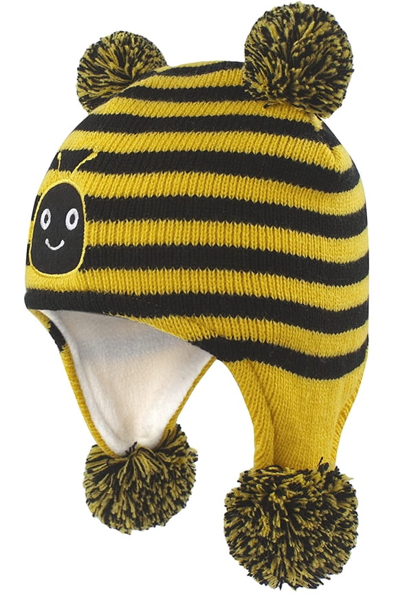 Infant Toddler Kids Winter Beanie Hat Warm Fleece Lined Hats with Ear Flaps Pom Pom Knit Cap for Baby Girls Boys Yellow 2-4T