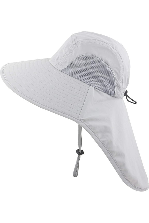 Kids Child Girls Boys Summer Sun Hat Wide Brim UV Protection UPF50+ Hats Mesh Bucket Cap for Beach Fishing with Neck Flap Light Grey