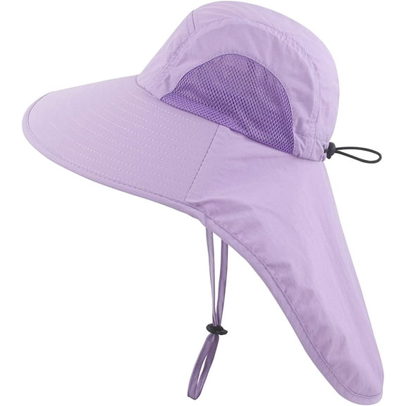 Muryobao Kids Child Girls Boys Summer Sun Hat Wide Brim UV Protection UPF50+ Hats Mesh Bucket Cap for Beach Fishing with Neck Flap Purple