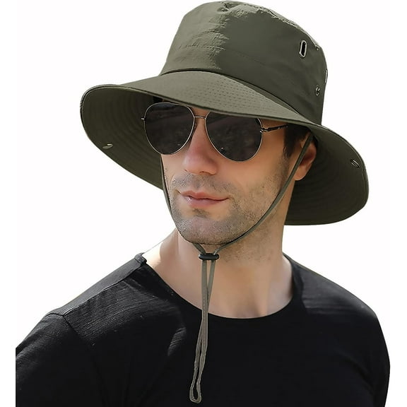 Muryobao Men Sun Hat Summer Wide Brim UPF 50  Breathable Boonie Hats Waterproof Foldable Safari Cap Army Green