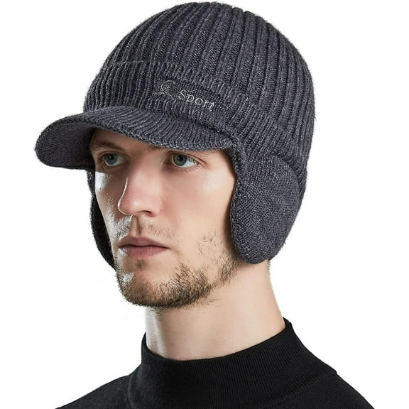 Muryobao Men Winter Beanie Hat Soft Fleece Lined Cuff Knit Hats with Visor Warm Earflaps Newsboy Skull Ski Cap Dark Grey
