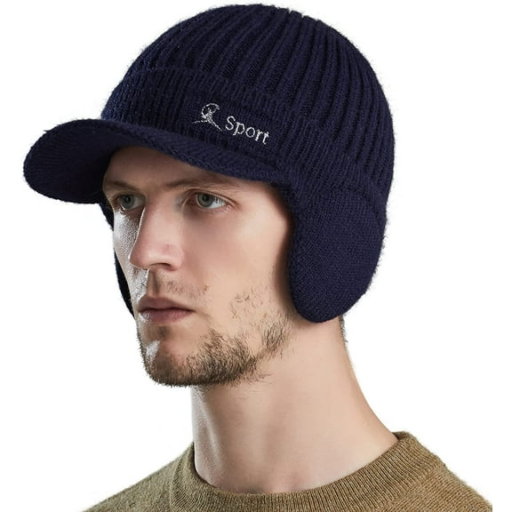 Muryobao Men Winter Beanie Hat Soft Fleece Lined Cuff Knit Hats with Visor Warm Earflaps Newsboy Skull Ski Cap Navy Blue