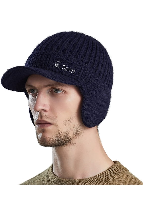 Men Winter Beanie Hat Soft Fleece Lined Cuff Knit Hats with Visor Warm Earflaps Newsboy Skull Ski Cap Navy Blue