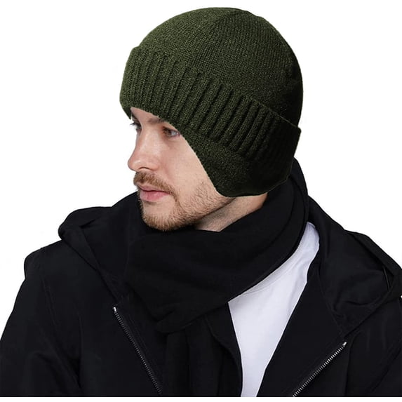Muryobao Men's Knit Cuffed Beanie Warm Winter Fleece Lined Earflaps Hat Soft Acrylic Beanie Ski Skull Cap Army Green
