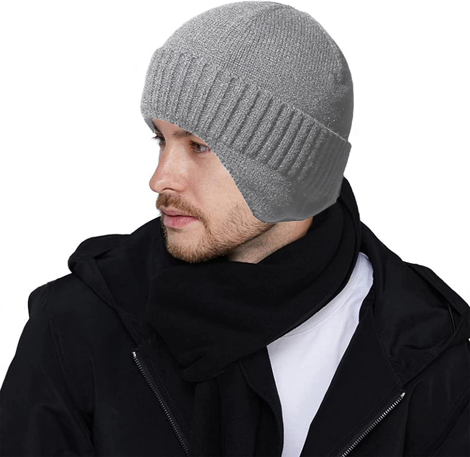 Muryobao Men's Knit Cuffed Beanie Warm Winter Fleece Lined Earflaps Hat