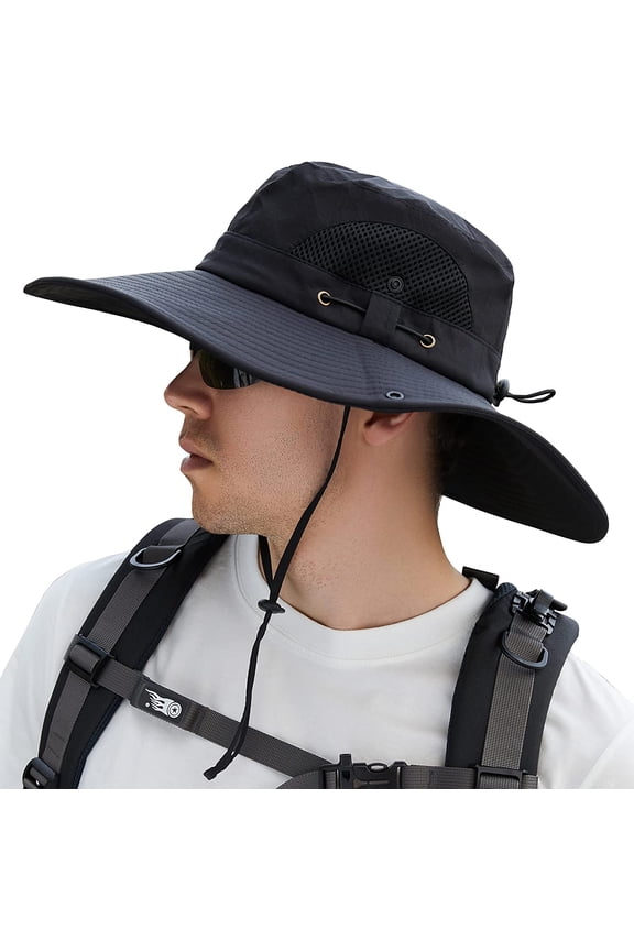 Mens Sun Hat Summer Outdoor UPF50+ UV Protection Waterproof Wide Brim Bucket Hats Foldable Boonie Cap for Fishing Hiking Garden Beach Safari Black