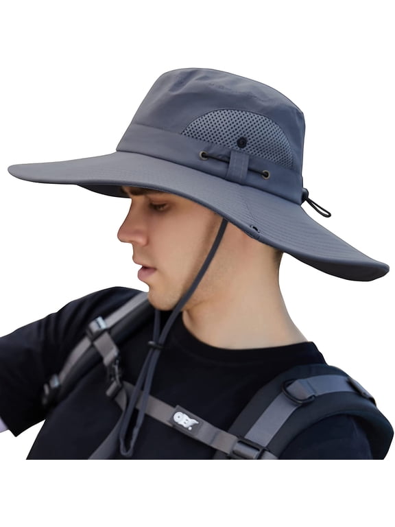 Mens Sun Hat Summer Outdoor UPF50+ UV Protection Waterproof Wide Brim Bucket Hats Foldable Boonie Cap for Fishing Hiking Garden Beach Safari Gray