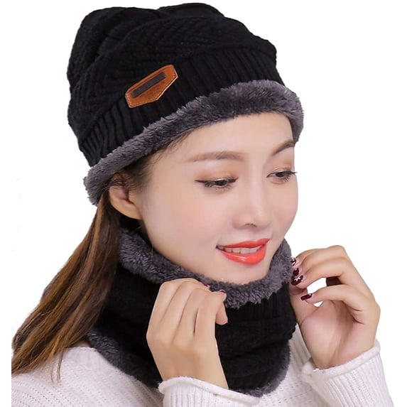 Muryobao Winter Hats and Scarf Set Knitted Slouchy Beanie Hat Warm Knit Skull Cap Infinity Scarves for Women Snow Ski Black Set