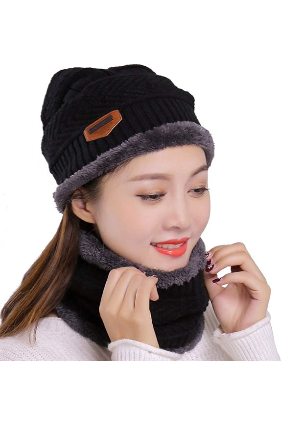 Winter Hats and Scarf Set Knitted Slouchy Beanie Hat Warm Knit Skull Cap Infinity Scarves for Women Snow Ski Black Set