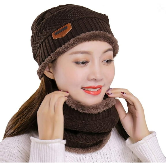 Muryobao Winter Hats and Scarf Set Knitted Slouchy Beanie Hat Warm Knit Skull Cap Infinity Scarves for Women Snow Ski Brown Set