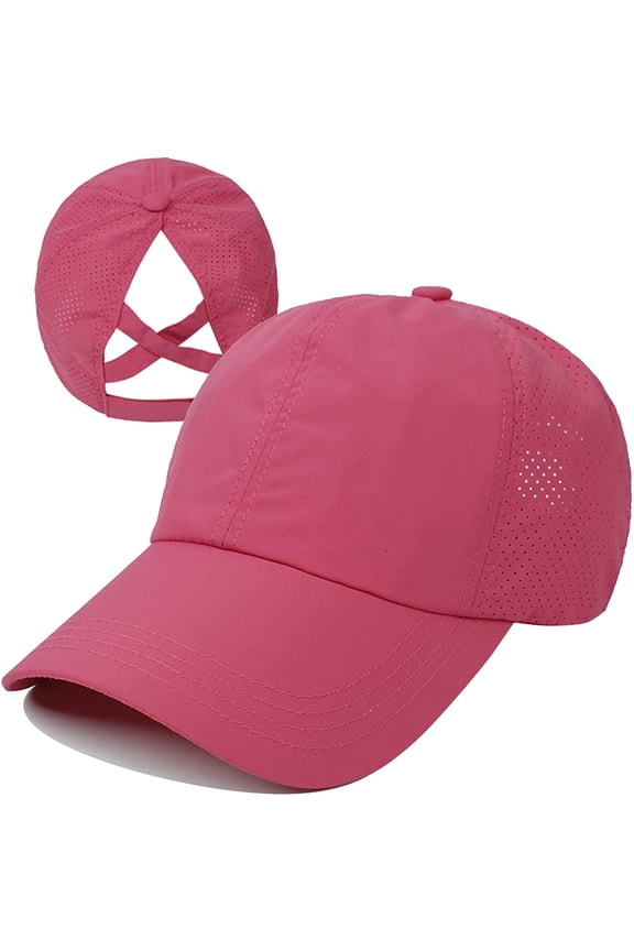 Women Female Criss Cross Ponytail Baseball Cap Adjustable High Messy Bun Ponycap Trucker Hats Quick Drying Mesh Dad Hat for Outdoor Sports Travel Rose Red